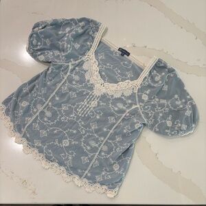 Democracy Blue Top with Crochet Accents